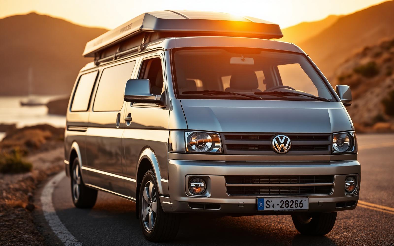 Volkswagen California gris argent au coucher du soleil sur une route côtière